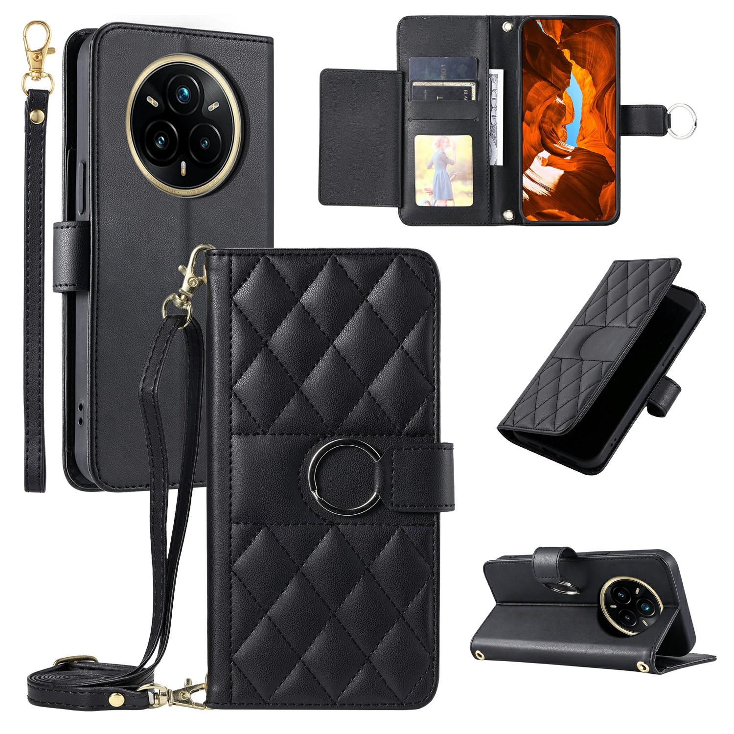 

For Realme 14 Pro+ 5G Case Ring Buckle Wallet Stand Rhombus Crossbody Leather Mobile Cover Black