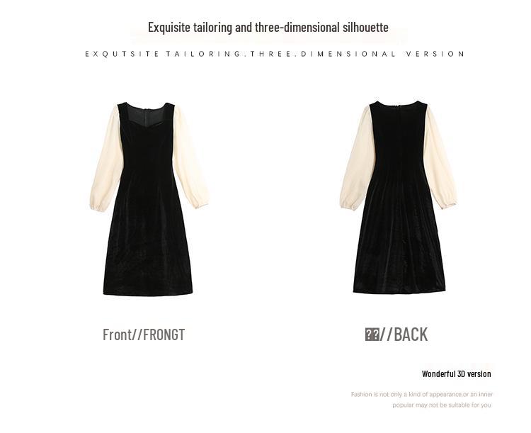 Autumn V-neck Velvet Patchwork Lantern Sleeve Floor-length Cinched Waist Retro Hepburn Dress