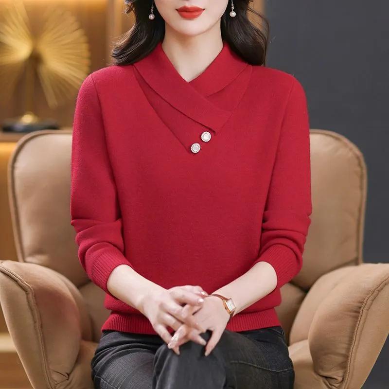 Middle Aged Mom Red Sweater Women's Thickened Autumn Winter Fashion Foreigner Warm Knitted Sweater