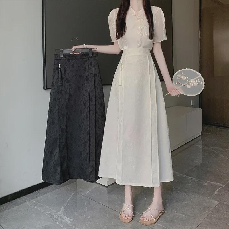 2024 Summer New Chinese Style High-Waist Retro Jacquard A-Line Skirt
