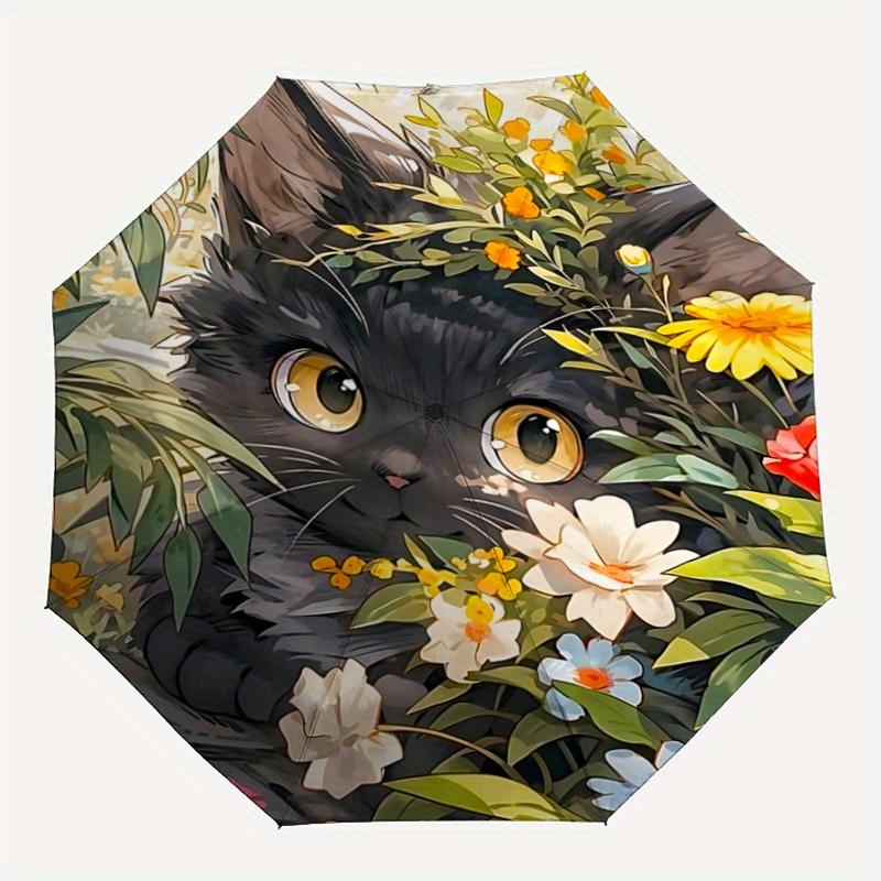 1pc Black Cat Flower Fully Automatic Folding Portable Fashion Umbrella, 8 Iron Frames, Three-Fold Design, Suitable for All Seasons, Suitable for Outdo
