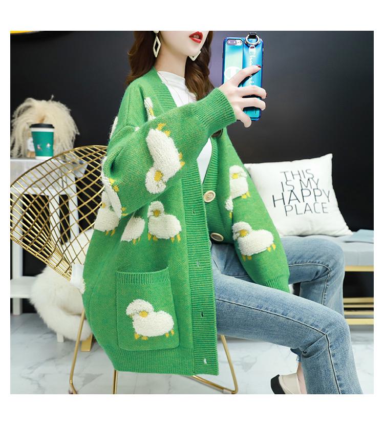 2024 Autumn Women's Lamb Pattern Loose Knit Cardigan - Thickened Knit Outerwear
