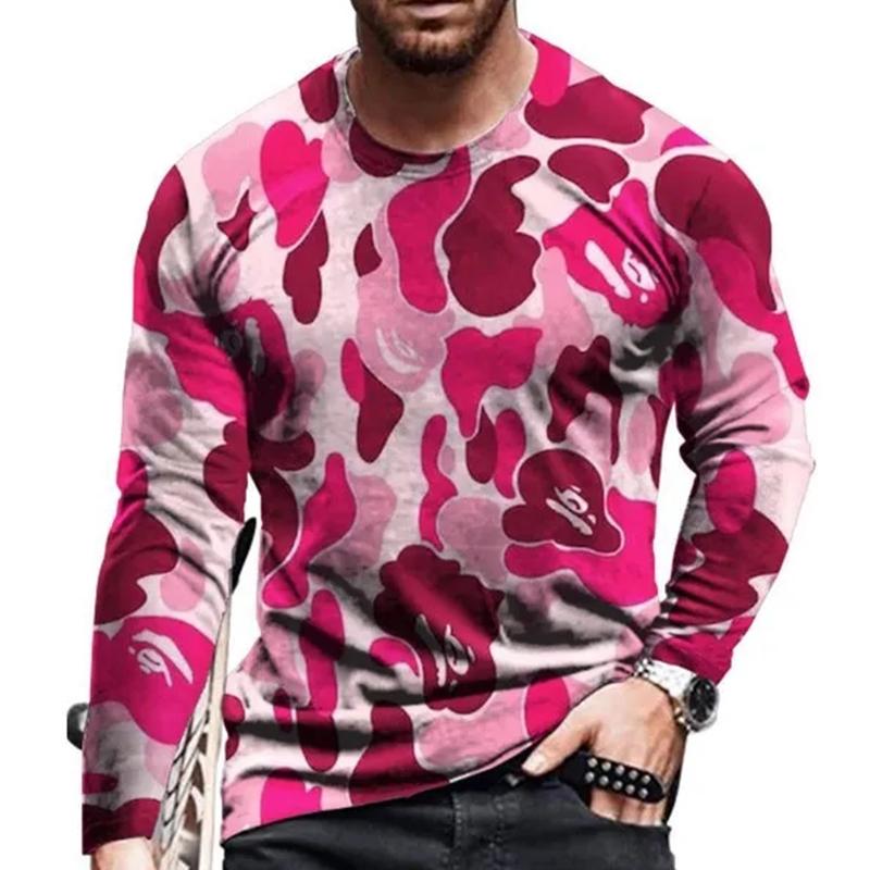 Tide Camouflage Pattern Tričko evropské velikosti s dlouhým rukávem Pro pánské Ležérní Podzimní Trend Trička s kulatým výstřihem