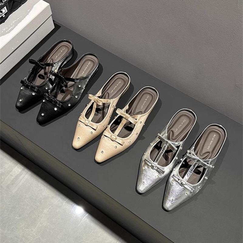 Fashion New Style Popular Rivet Pointed Thin Heel Baotou Half Slipper Female Middle Heel Shallow Mouth Lazy Mueller Shoes Zapatos Mujer