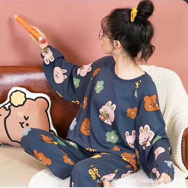 Women's Long-Sleeve Cartoon Pajama Set - Cute Korean Style Homewear for Autumn, Winter, Spring - Plus Size Available