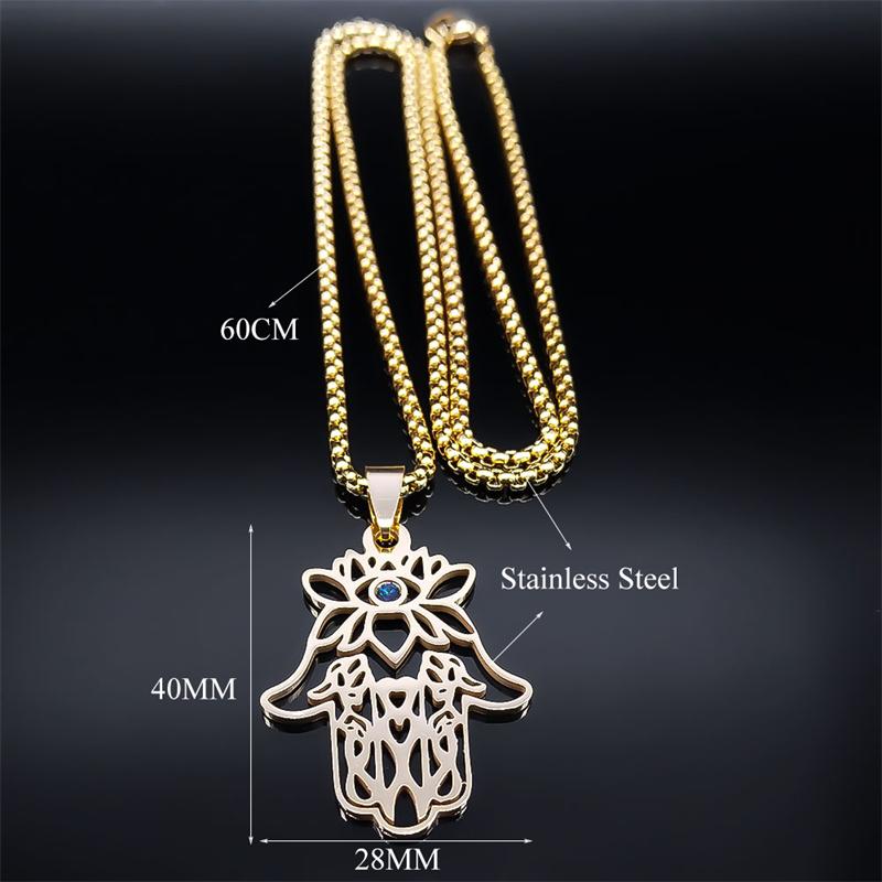 Lotuse Hand Of Fatima Pendant Necklace for Women Men Stainless Steel Lucky Egyptian Hamsa Greek Eye Chain Necklaces Jewelry