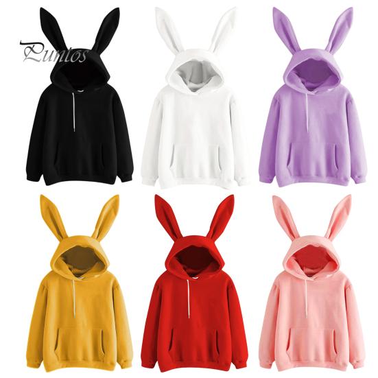 Winter Hooded Sweatshirt Women Fall Hoodie Bunny Ear Decor Solid Color Loose Long Sleeve Cold Weather Elastic Cuff Drawstring Soft Warm Casual