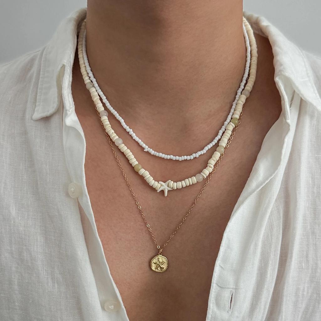 New 1Pcs/Set Vintage Coconut Husk Rice Beads Choker Necklace for Men Punk Gold Color Rounds Metal Pendant Chain Jewelry New