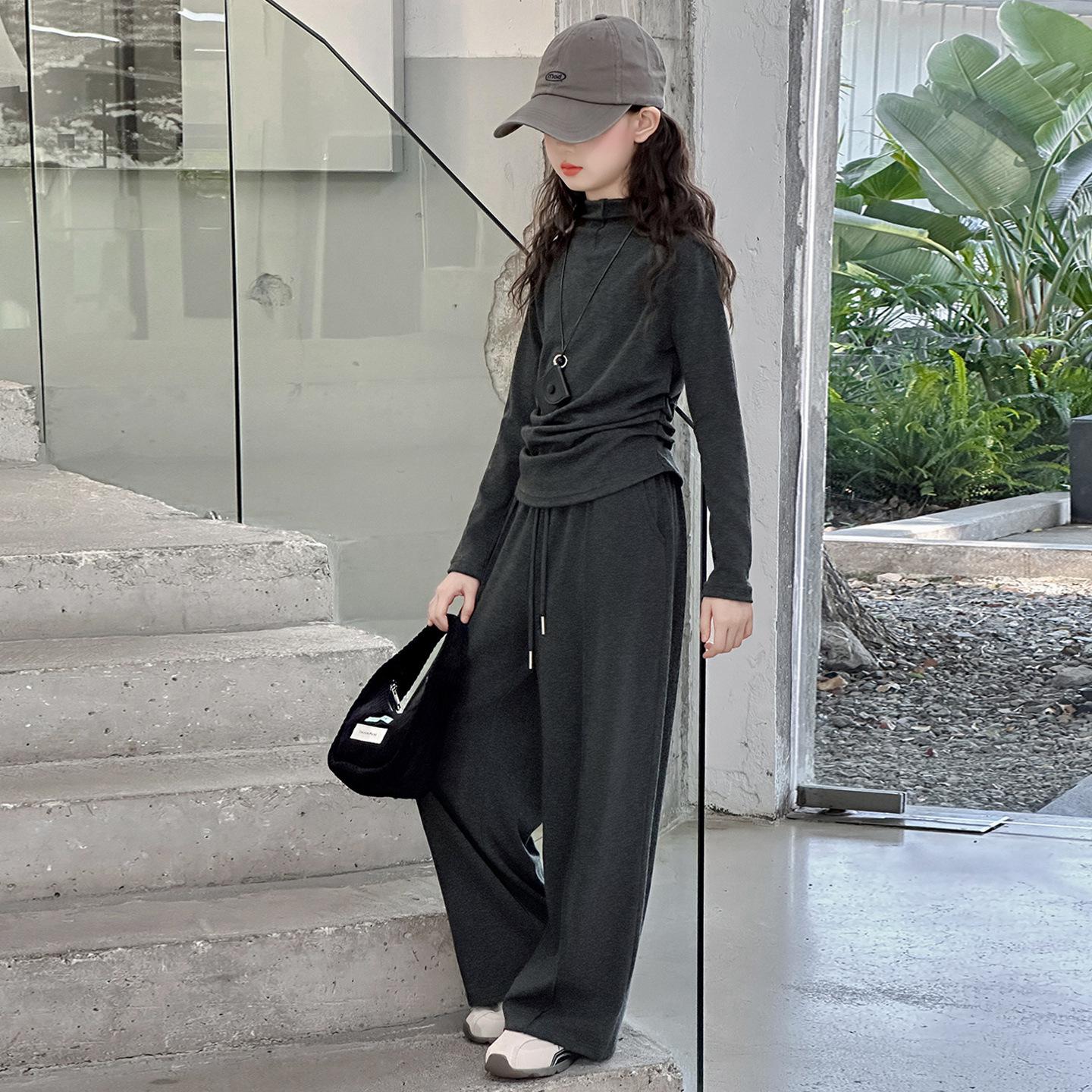 

Весна 2025 Девочки Корейский стиль Комплект из двух предметов: Однотонная куртка с длинным рукавом и брюки широкого кроя 140 cm