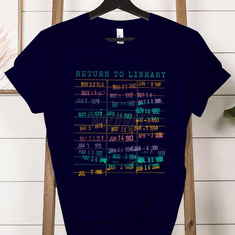 Library Book Classic Tops Vintage Book Due Date Bookish Rainbow Reading TShirt Return To The Library Graphic Womens Clothing