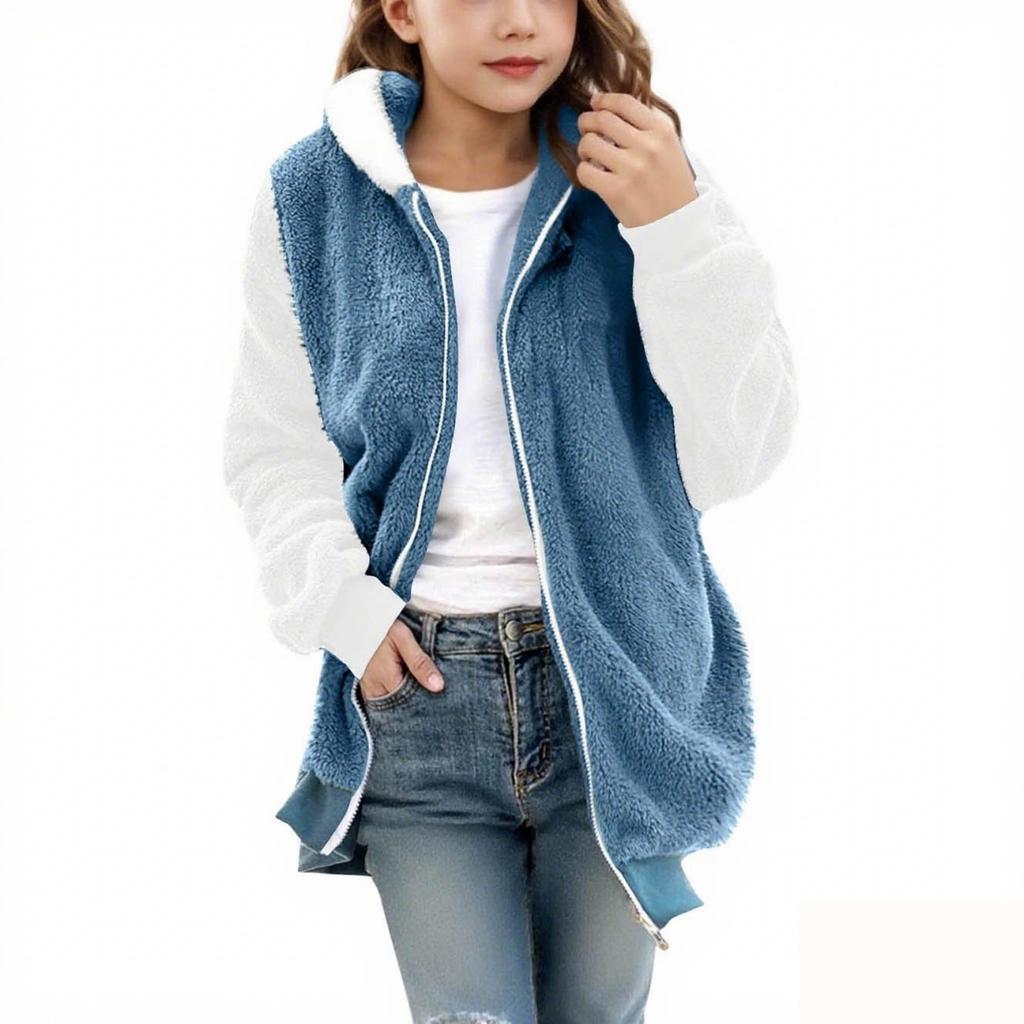 Fashionable Children's Solid Color Long-sleeved Hooded Pocket Plush Coat