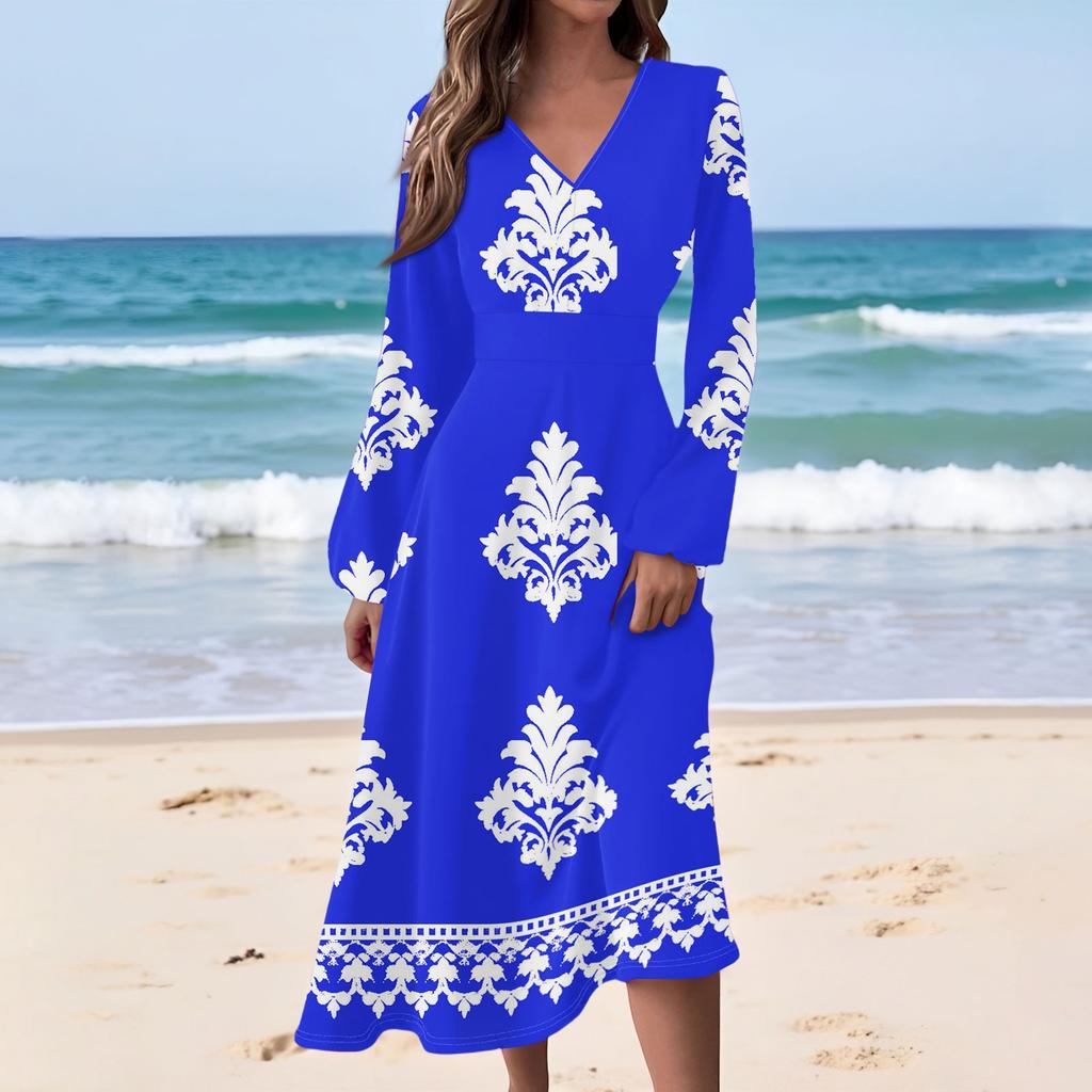 Women's Casual Fashion Retro Print V-neck Long Sleeve Waist Long Dress