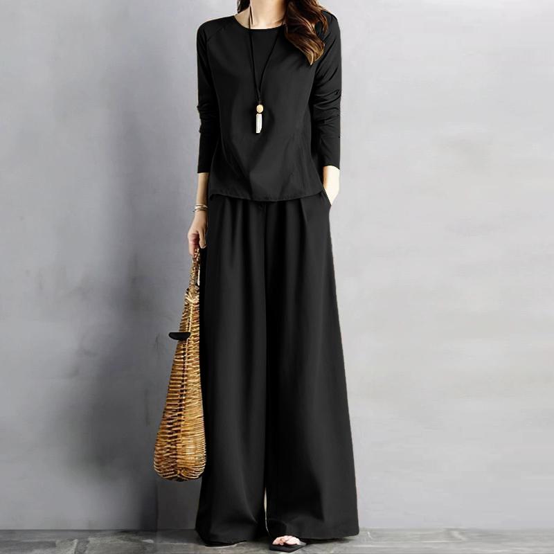 

Жіноча блуза з довгим рукавом і брюки ZANZEA повсякденного костюма з двох предметів 5XL чорний