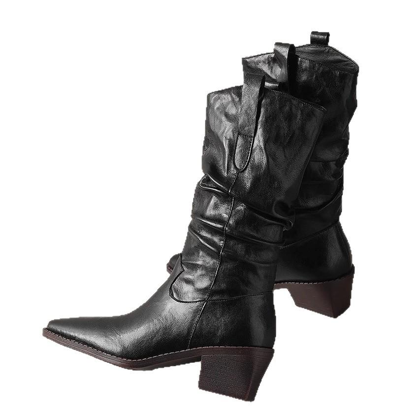 Maillard style leather short boots women's autumn and winter boots stacking boots medium boots knight boots thick heel western cowboy boots