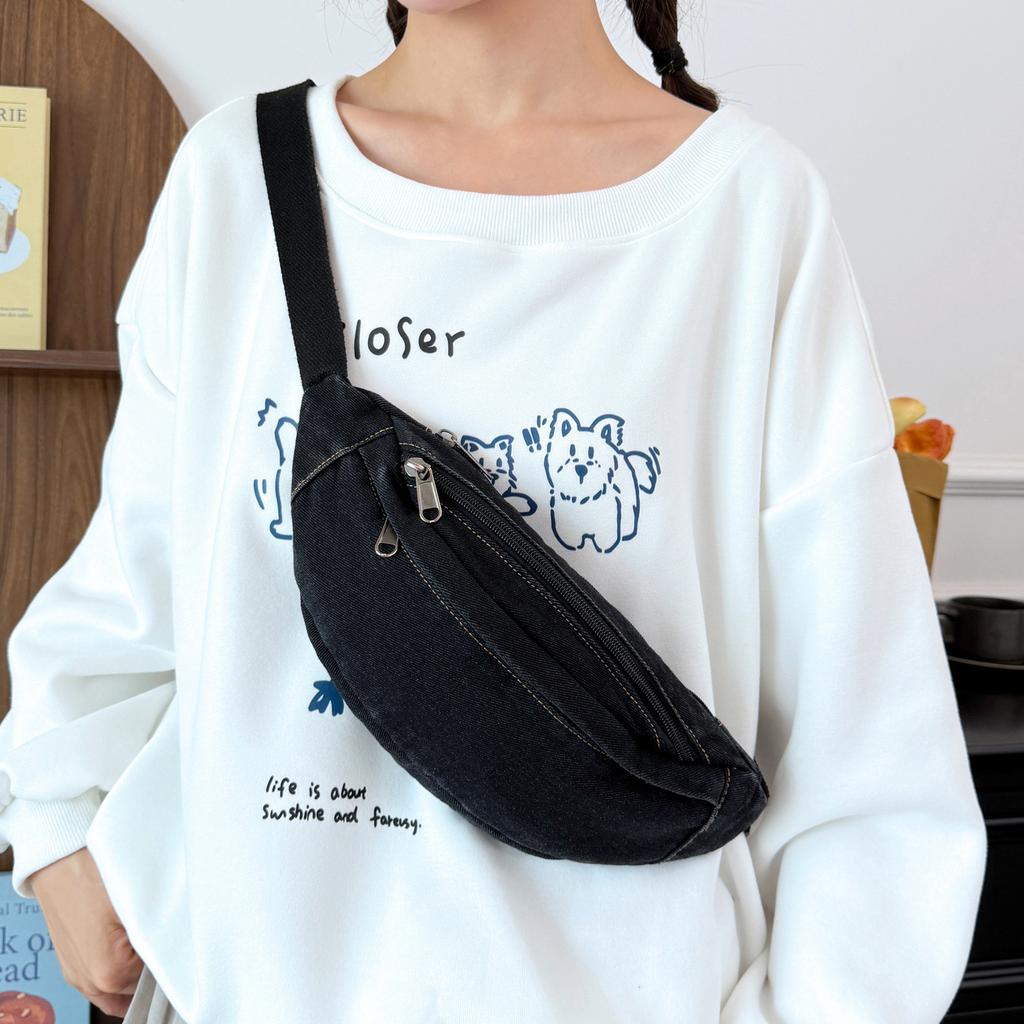 Borsa a tracolla in denim da donna Marsupio a tracolla Borsa da petto casual a mezza luna Marsupio in denim blu con tracolla regolabile per viaggi