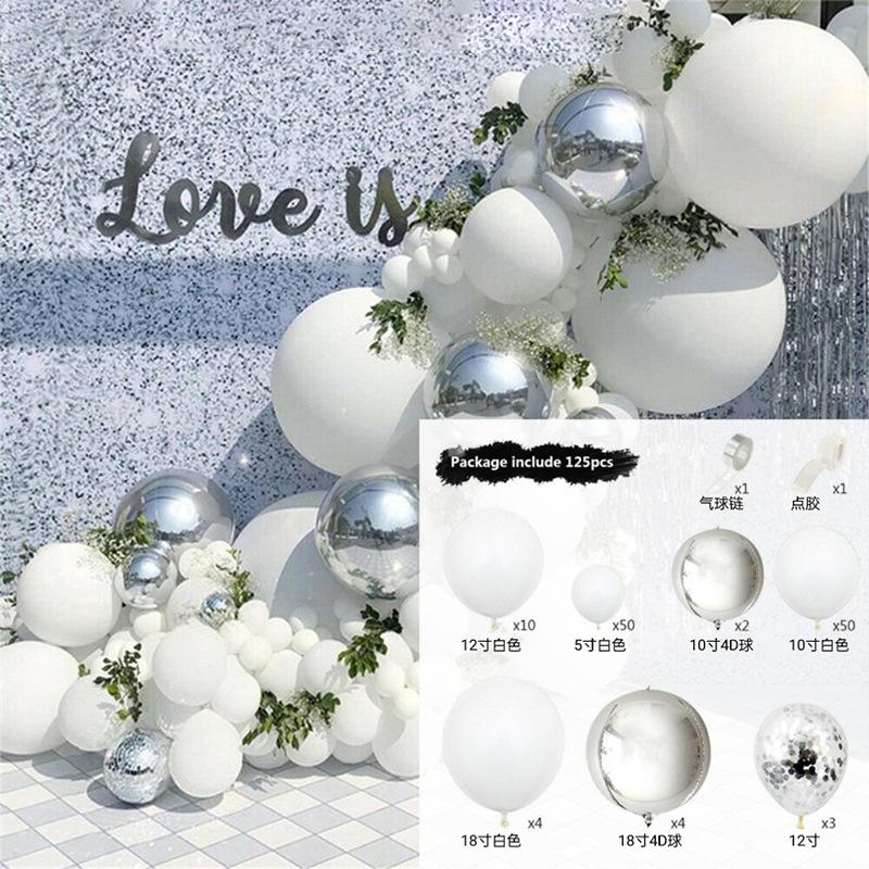 Sølv og hvitt ballongbuesett Vindballong Barns første bursdag Sceneoppsett Festrekvisitter