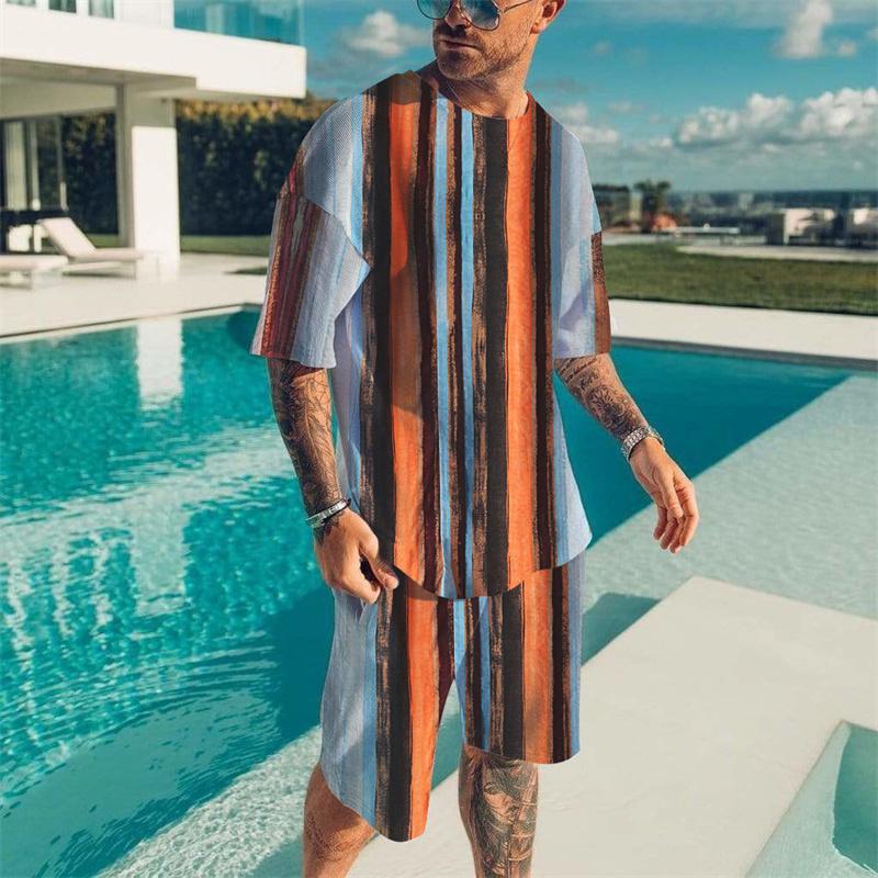Striped T-shirt 2 piece men's Hawaii beach T-shirts suit summer