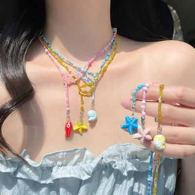 Glasperlen Keramik Seestern Muschel Anhänger Halskette vielseitig Urlaubsstil Schlüsselbein Kette Nischenmode High-End Schmuck