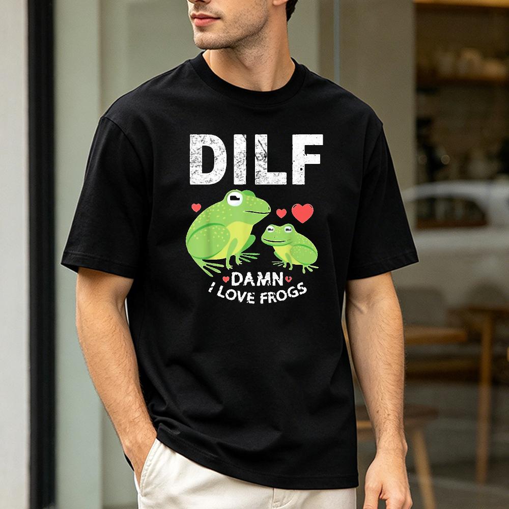 DILF Damn I Love Frogs Cute Green Frog Heart SummerunisexCotton T-Shirt Vintage Washed Animal Meme Casual Short Sleeve Blouse