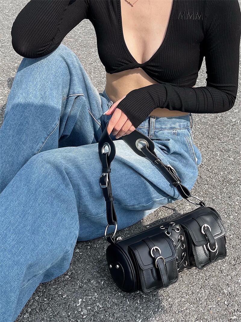 

Новая ретро сумка под мышкой Spice Girls, премиальная текстурированная сумка-багет через плечо для поездок на работу, ремешки, сумка-цилиндр на плечо, мода чёрный