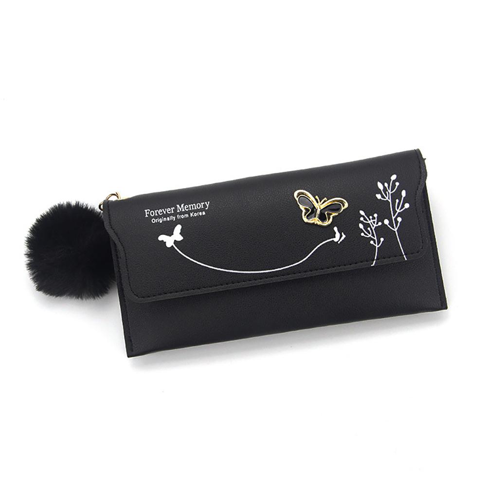 Women PU Leather Flap Wallet with Plush Ball Lady Butterfly Coin Purse MIT