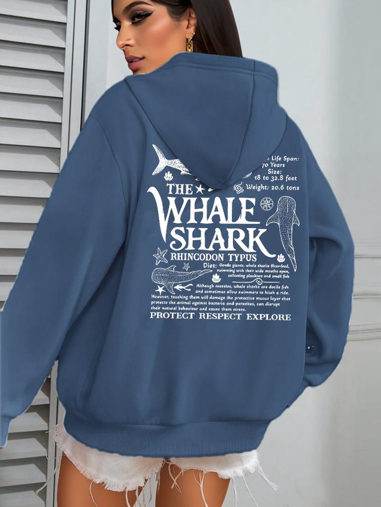 Creative Whale Shark With Letters Print Woman'S Streetwear Soft Trendy Hoodies Solid Color Warm Clothes Loose Hip Hop Hoody