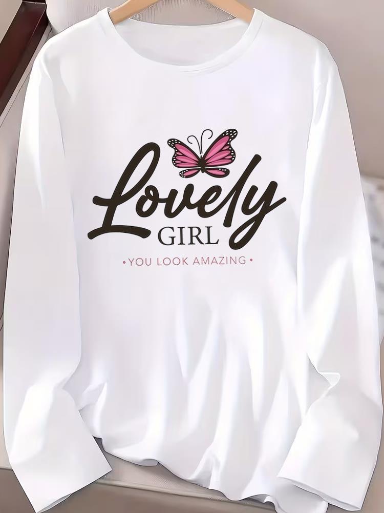 (Asian Size) Graphic Tee Casual Clothing Women O-neck Trend Flower Printed Print T Shirt Autumn Winter Spring Fashion Top Long Sleeve T-shirts
