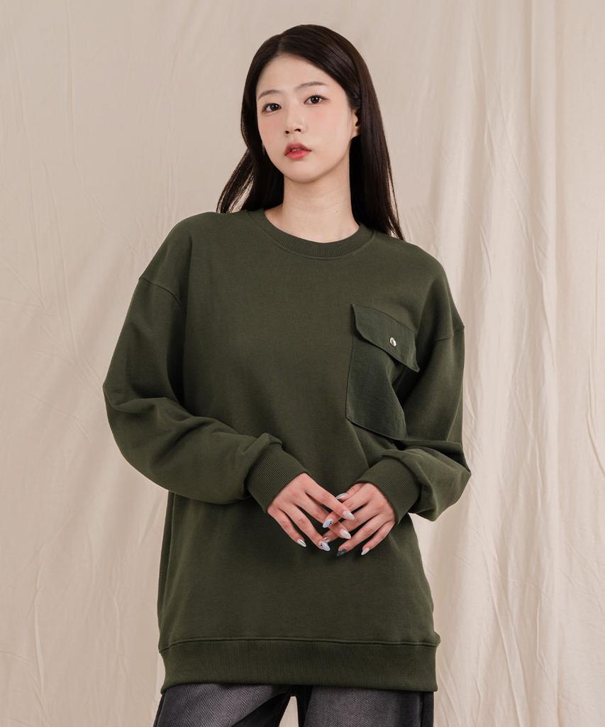 Ellamo Terry Basic Plain Square Pocket Oversized Sweatshirt [Khaki]