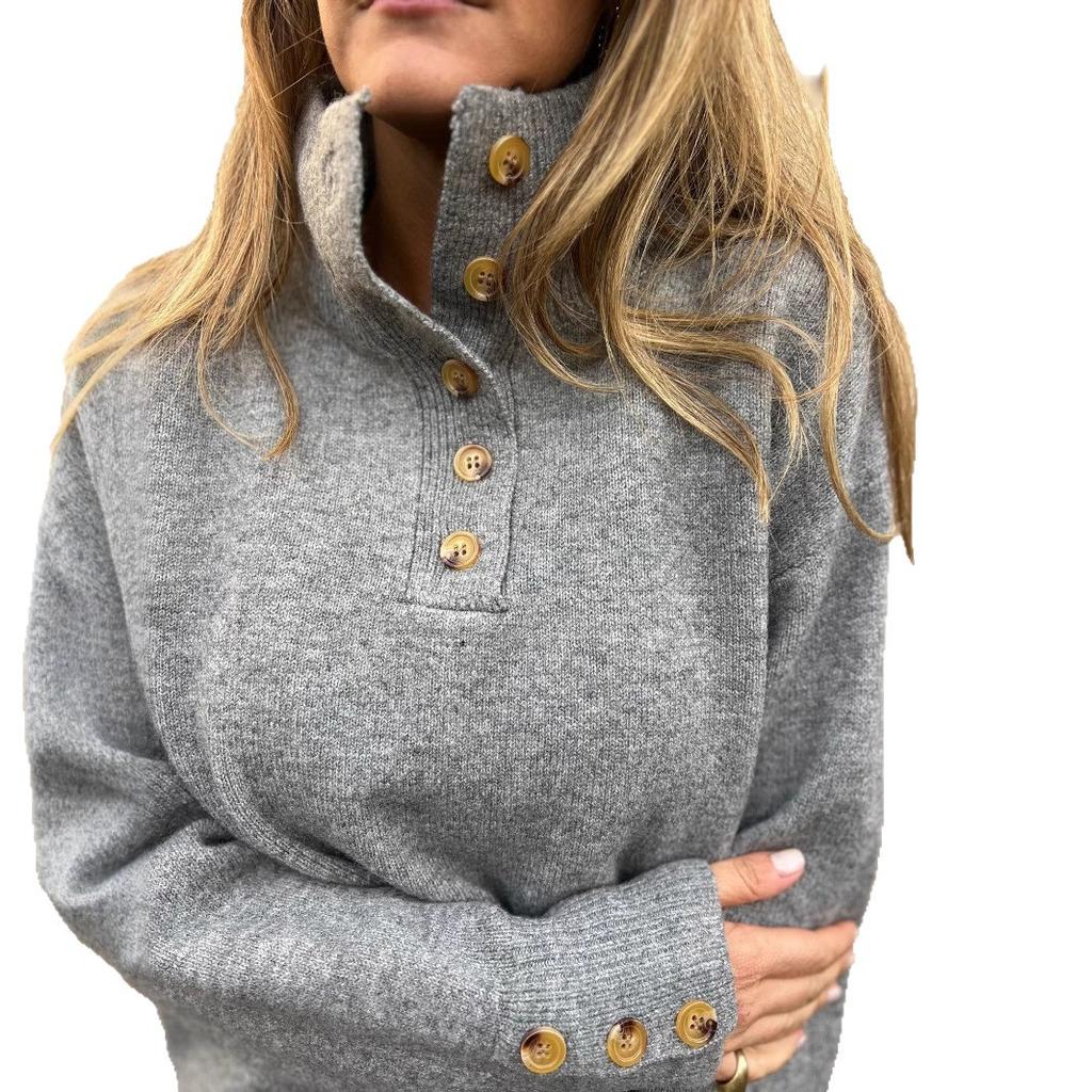 Autumn and Winter Stand Up Knitted Sweaters Solid Color Button Casual Loose Women's Sweaters