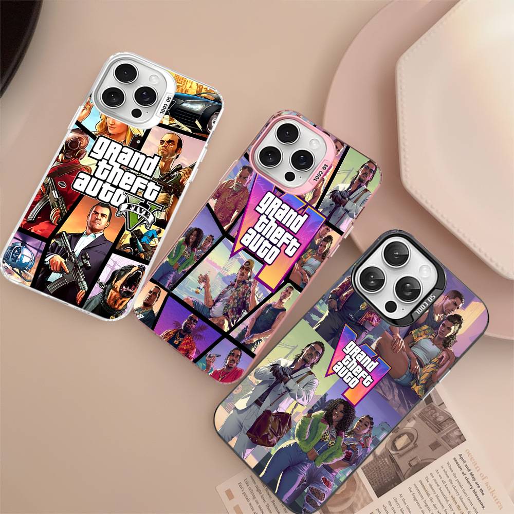 D-Decor T-Theft A-Auto G-GTA Joc Video Carcasă Telefon Pentru IPhone 17 16 15 14 11 12 13 Pro Max Plus Pro Colorată Argintie Cover