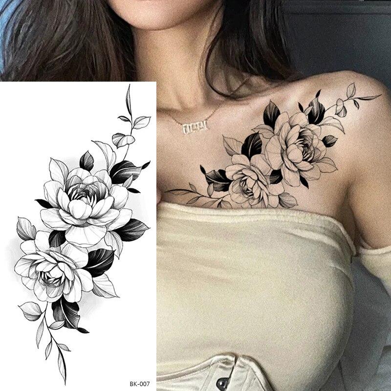 1 Stück Sexy Schwarze Blume Temporäre Fake Tattoo Aufkleber für Frauen Mädchen Falsche Tattoos DIY Wassertransfer Tattoos Körperkunst Make-up