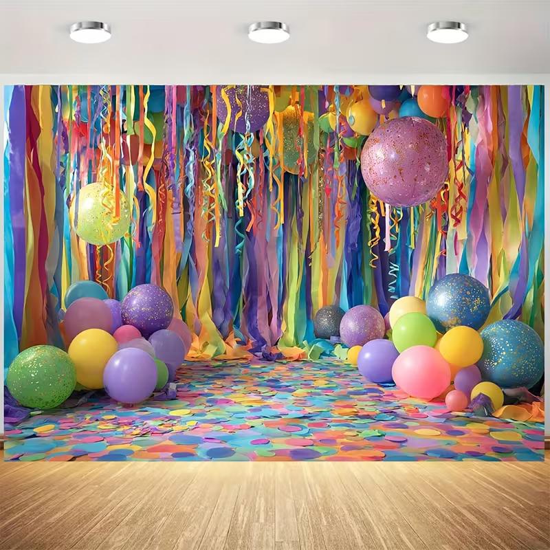 2D Bright Multicolor Confetti Backdrop with Balloons for Birthday Party Banner