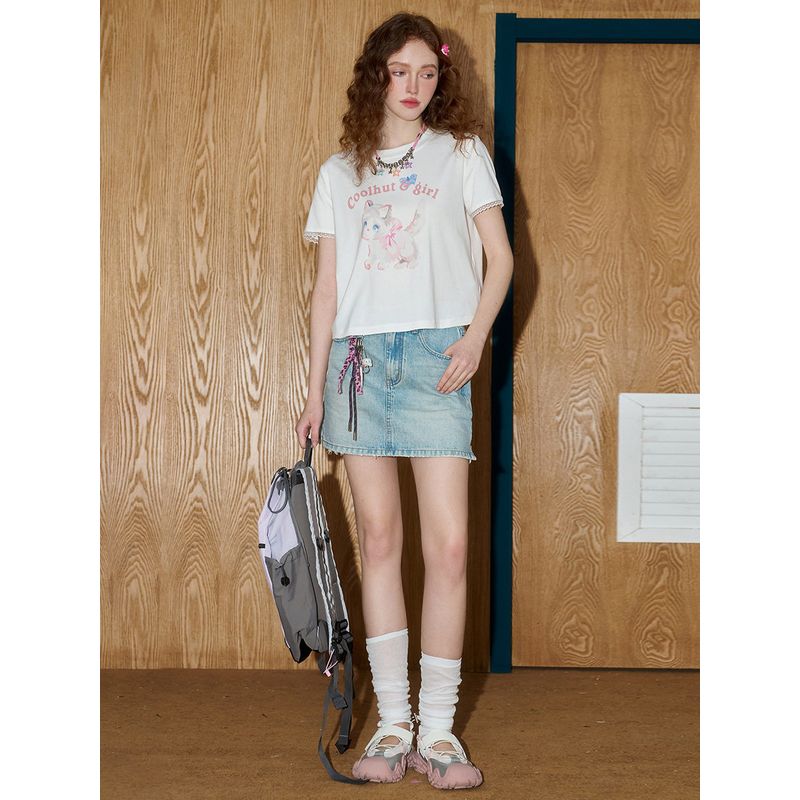 Coolhut Kitten Sweet Print Preppy Style Short-Sleeved Cartoon Sweet 2025 Summer Women's T-Shirt Letter Lace