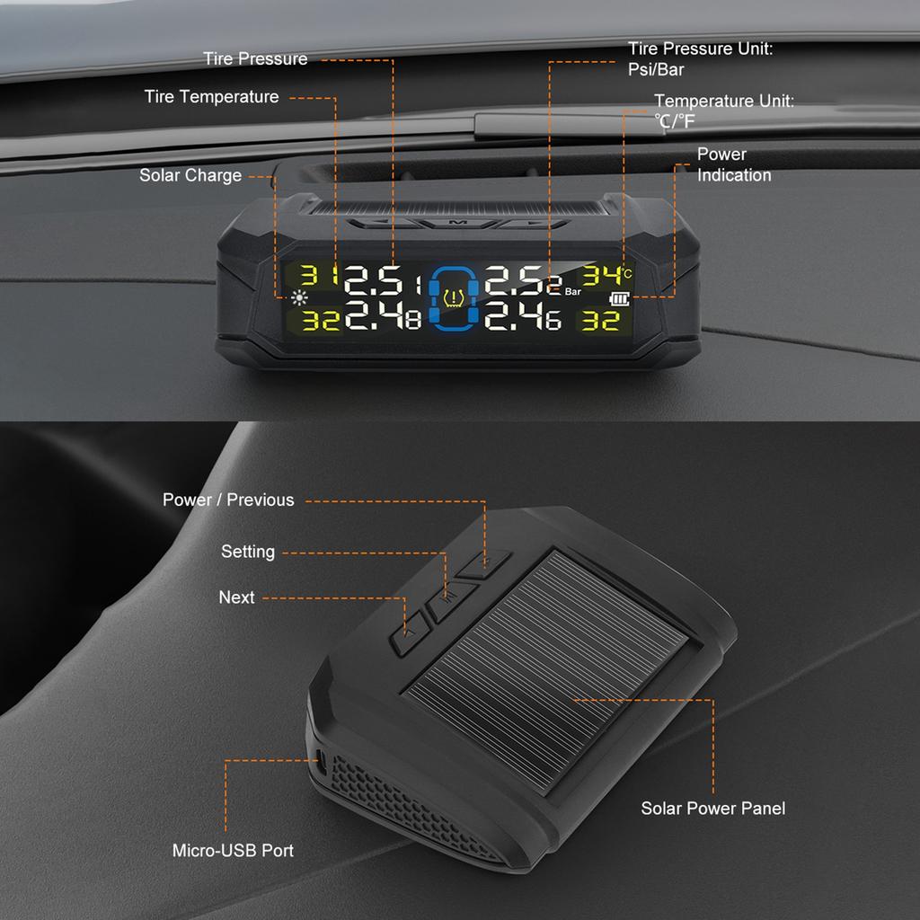 Wireless Tire Pressure Monitor HD LCD Display Real Time Alert Solar Powered USB Charging Tire Pressure Monitoring System