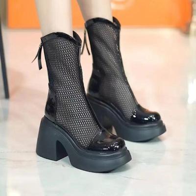 Botas de Meia-panturrilha com Salto Alto e Solado Grosso de Malha Estilo Europeu e Americano com Biqueira com Zíper, Botas Modernas e Descoladas Novo Estilo 2025