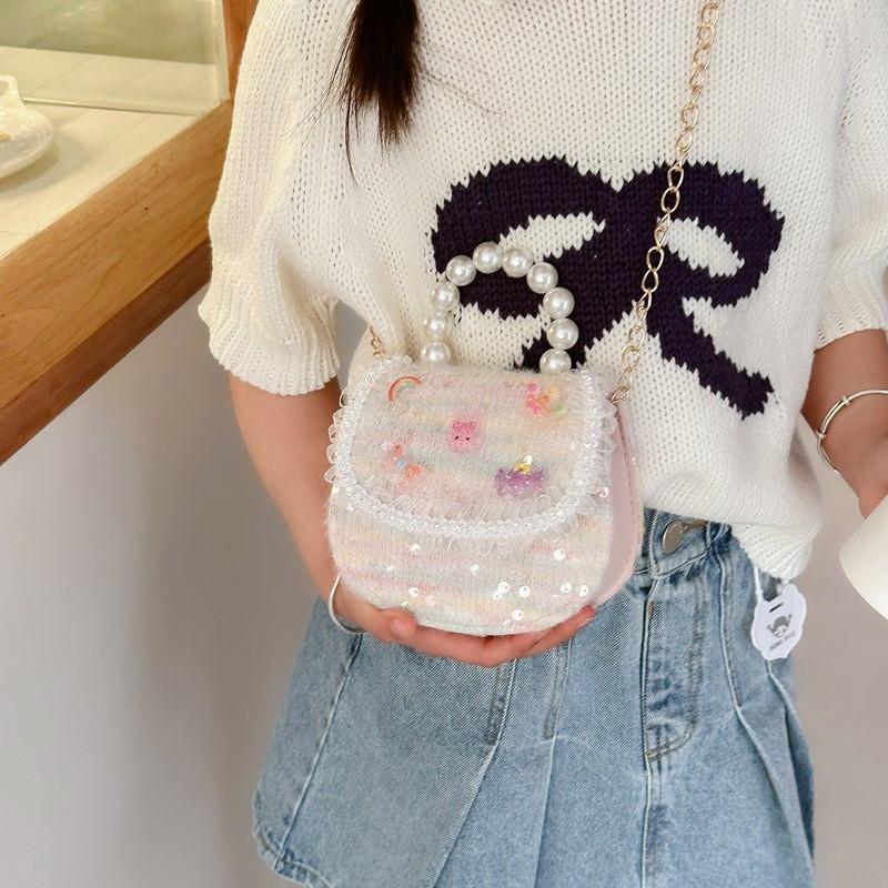 Charming Pink Bow Sequin Girls Shoulder Bag With Pearl Chain For Kids Fashion