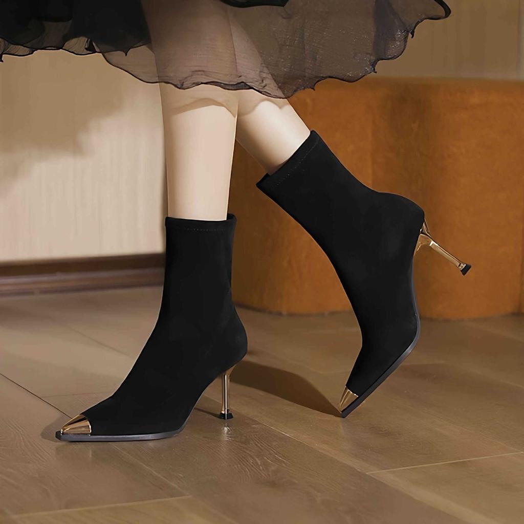 Pointed High-heeled Short Boots Women's 2025 Autumn and Winter New Black Metal Head Thin Heel Elastic Suede Versatile Thin Socks Boots