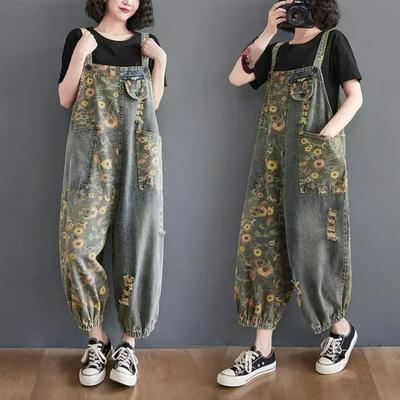 Mono de Tela Vaquera Estampado Reductor de Edad para Mujer Verano Estilo Literario y Artístico Talla Grande Cintura Alta Adelgazante Bajos Estrechos Pantalones de una Sola Pieza