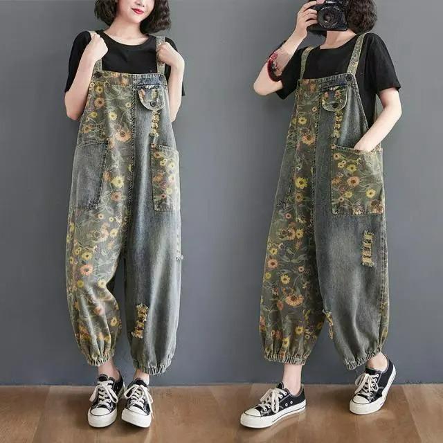 

Омолаживающий джинсовый комбинезон с принтом, женский, летний, литературный и художественный, большого размера, с высокой талией, стройнящий, зауженный к низу, цельный S синий