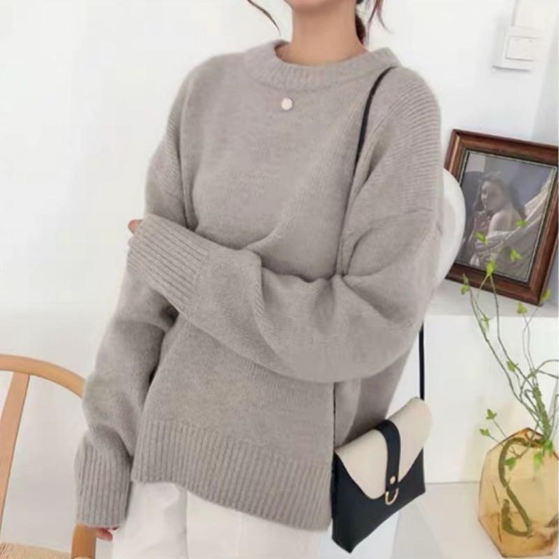Fashion Solid Long Sleeve Women's Sweaters Autumn and Winter Retro Pullovers Knitted Sweater Ladies Elegant Round Neck Soft Warm Jumpers Tops 25563
