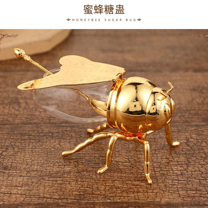 European Classical Style Bee Sugar Cup Golden Sugar Cup with Spoon High-grade Kitchen Seasoning Jar Metal Crafts