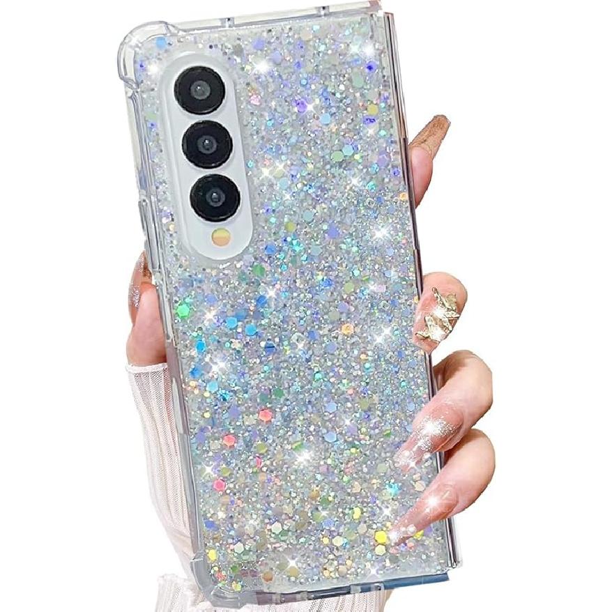 For Samsung Galaxy Z Fold 6 Glitter Case, Cute Bling Sparkle Sparkly Shiny Soft TPU Silicone Clear Bumper Four Corner Shockproof Protective Case for