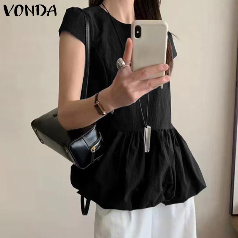 VONDA Summer Women Crew Neck Short Sleeve Solid Color Ruffled Casual Blouse