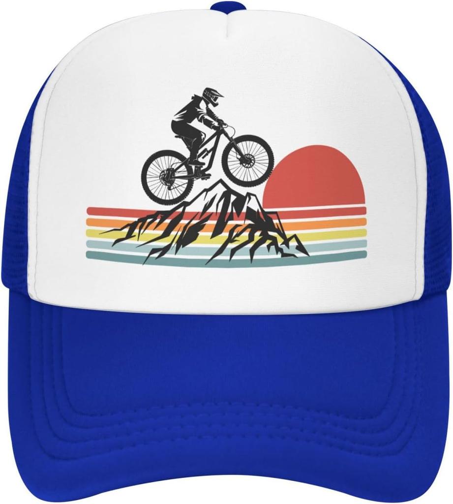 Mountain Biking Sunset Graphic Trucker Hat Polyester Mesh Adjustable Outdoor Cycling Baseball Cap