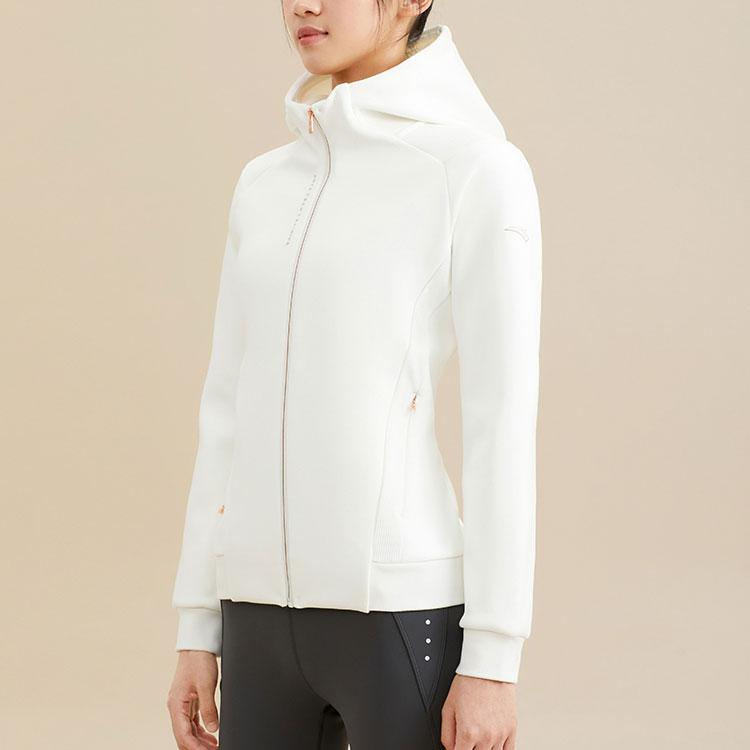 Anta Solid Color Zip-Up Hooded Fleece Jacket Women Jackets Paper-White 162347718-1