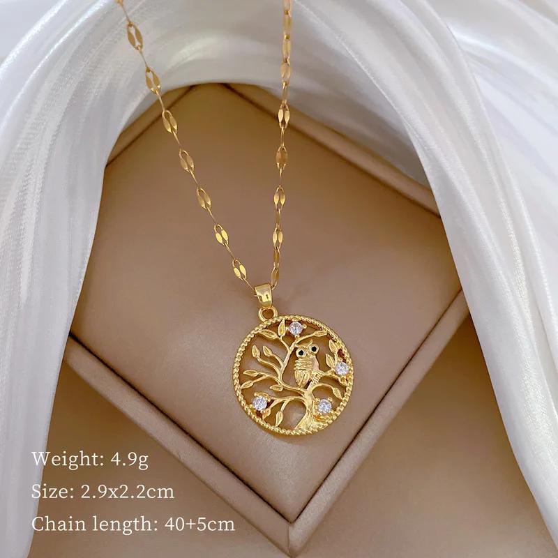 

Gold Color Zircon Owl Tree Round Pendant Necklace for Women Girls Lovely Stainless Steel Chain Owl Jewelry Accessories Gifts
