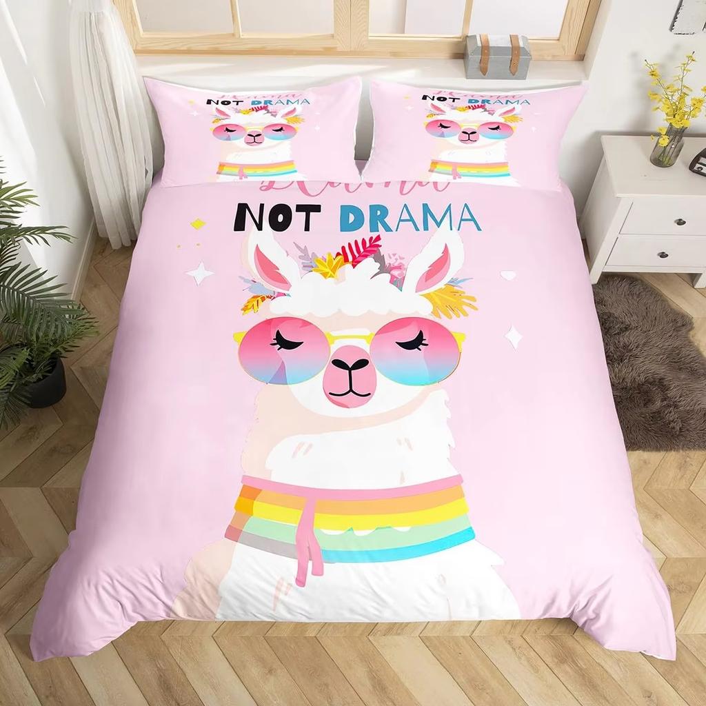 Alpaca Duvet Cover Set Boys Girls Cute Cartoon Animal Comforter Covers Kids And Teenagers Room Green Bedding 2/3 Pcs With Zipper