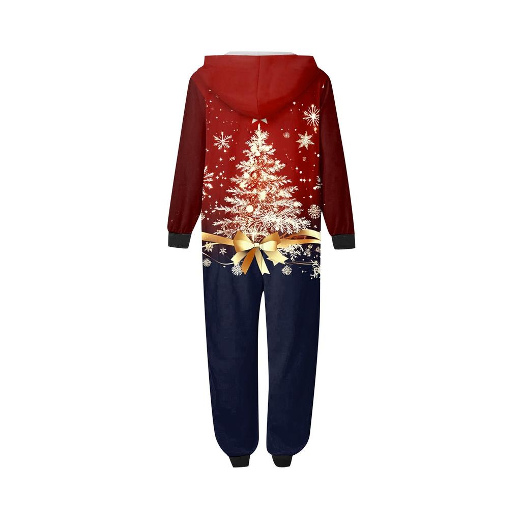 Christmas Print Parent-Child Outfit Hooded Zipper One-Piece Fashionable Home Suit Set