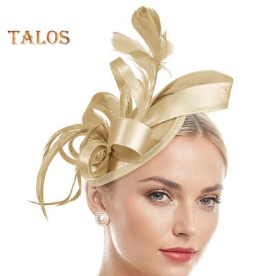 Cerchietto per capelli Fascinator Cappello con fermaglio per capelli Fascia elastica Nastro di piume finte Decorazione Tessuto di raso Fascia per capelli da donna Accessori per feste