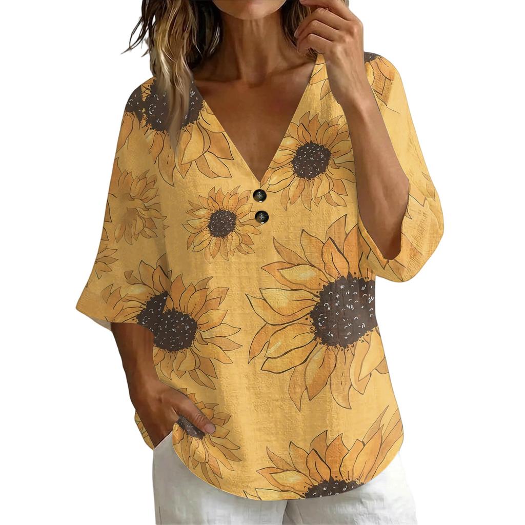 Women V Neck Vintage Floral Print Loose Fit Short Sleeve Blouse Linen Blend Casual Top for Everyday Wear Summer Spring